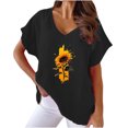 thumbnail image 2 of Fiudx Liquidación de Ahorros de Verano Camiseta de Manga Corta con Mangas Informales de Algodón y Cáñamo con Cuello En V y Estampado de Girasoles para Mujer, 2 of 4
