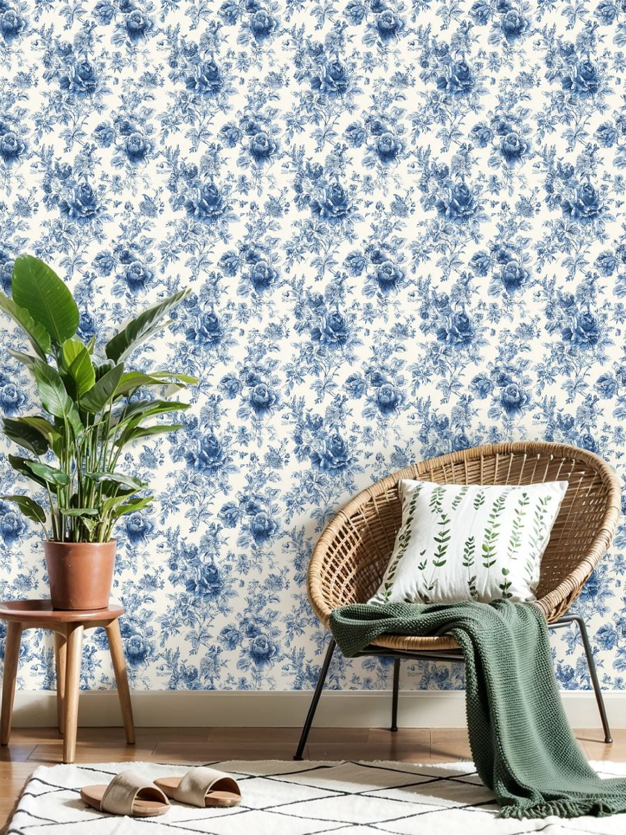Peel and Stick Wallpaper 17.7in x 9.8ft Blue White Vintage Floral Elegant Botanical Contact Paper Vinyl Waterproof Self Adhesive Wall Paper for Bedroom Shelf Cabinet Renter Friendly