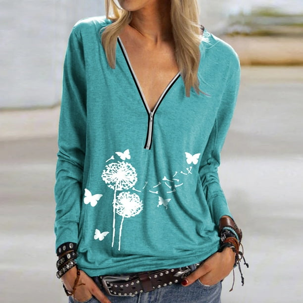 Abcnature Abcnature Women S Tops Deep V Neck Long Sleeve T Shirt Casual Printed Zip Pullover Summer Loose Soft Tunic Blouses Green S Walmart Com Walmart Com