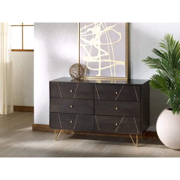 Safavieh Couture Marigold Mid-Century 6-Drawer Dresser, Black/Gold