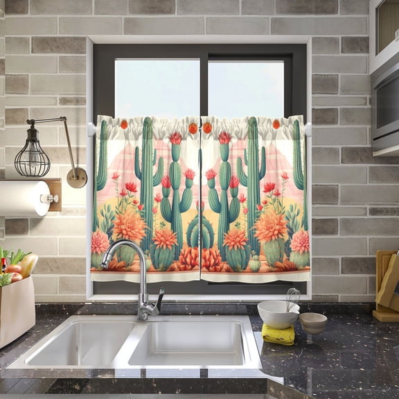 Flowers and Cactus Kitchen Curtains Half Tier Curtain 2 Rod Pockets Bathroom Bedroom Cupborad Living Room 27"x24"
