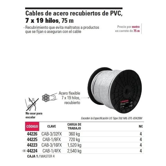Cable Acero Recubierto Pvc 3/32' 7x19 Hilos Fiero 44226 Fiero CAB-3/32FX