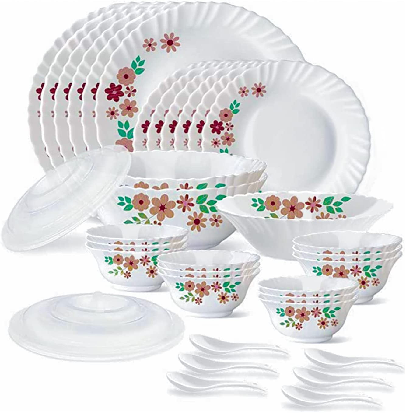 Larah 35 Pieces Gourmet Dinnerware Set for 6 Chip Resistant Tempered Opal Glass White Dinner Plates and Bowls Set Stain Resistant Dishwasher