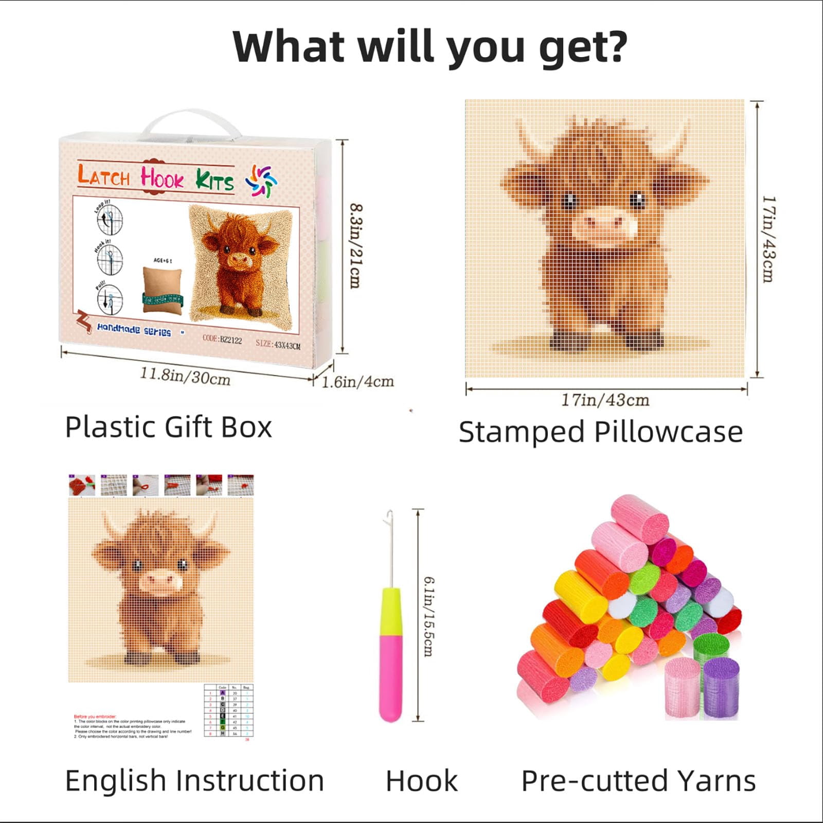 Latch Hook Pillow Kits for Adults Cute Baby Highland Cow DIY Pillow Cover Printed Pillowcase Crochet Hooking Yarns Handmade Cushion for Home Sofa Decoration 17x17inch(8)