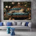 thumbnail image 2 of Mudket Framed Leopard on Teal Velvet Sofa Canvas Wall Art, Floral Leopard Print Wall Decor for Living Room, Luxury Animal Wall Art Ready to Hang - 12"L x 8"W, 2 of 10