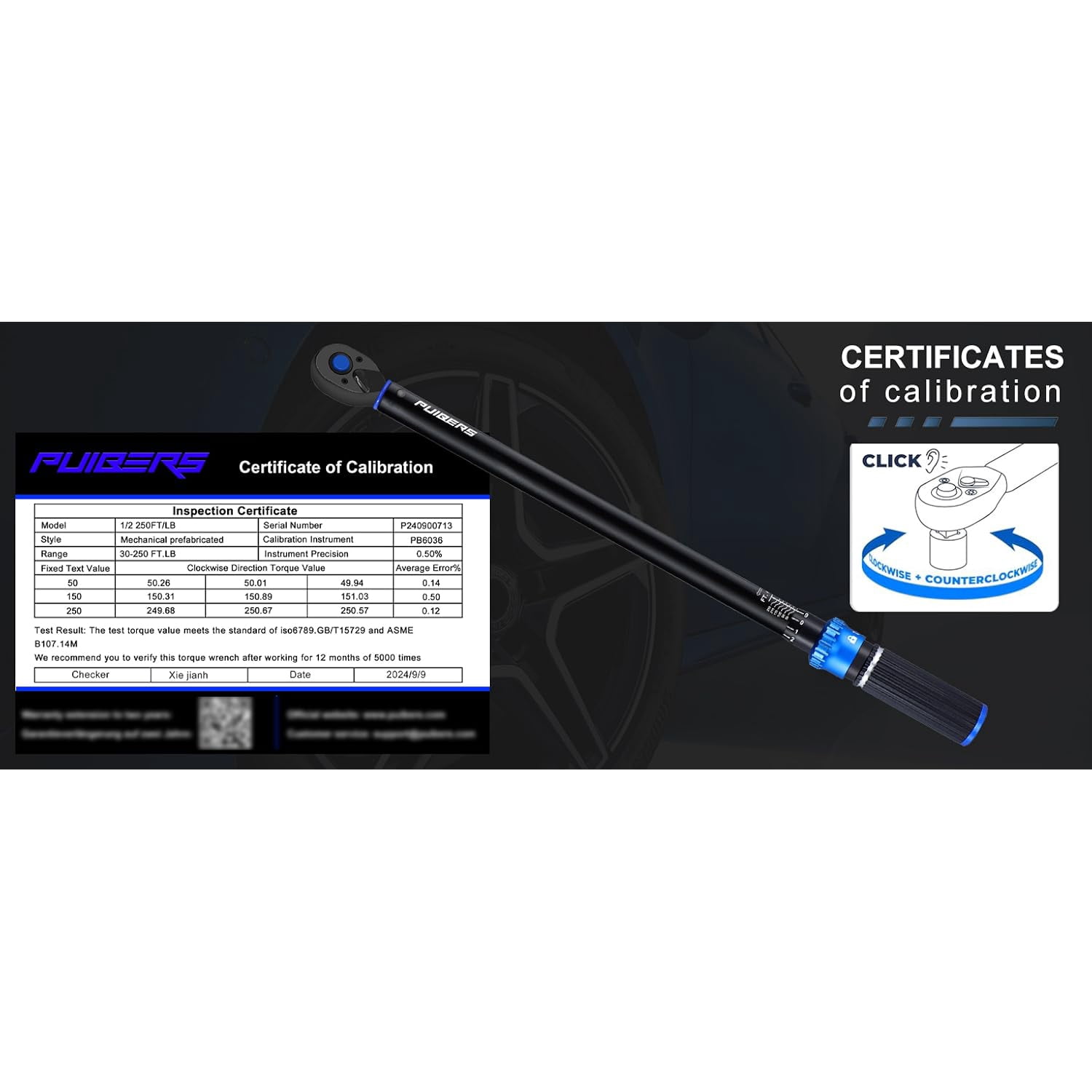 Torque Wrench 1/2 drive, 30-250 FT.LB/40.7-339 Nm, Dual-Direction Adjustable 1/2 Torque Wrench, 72-Tooth Click Dual Range Scales Torque Wrenches for Car, Truck,Tractor