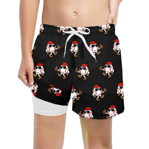 NAFUU Boys Swim Trunks Cartoon Baseball Graphic Double Layer Beach Shorts Summer Mesh Swimsuit With Drawstring Pockets Relaxed Fit Bathing Suit For Boys 11-12 Years