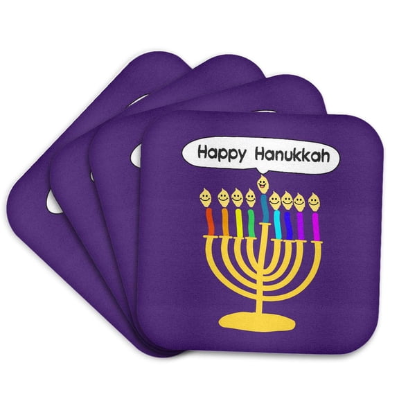 3dRose, Purple happy hanukkah smiling menorah - cute channukia cartoon for chanukkah - chanukah jewish menor, Set of 4 Coasters - Soft