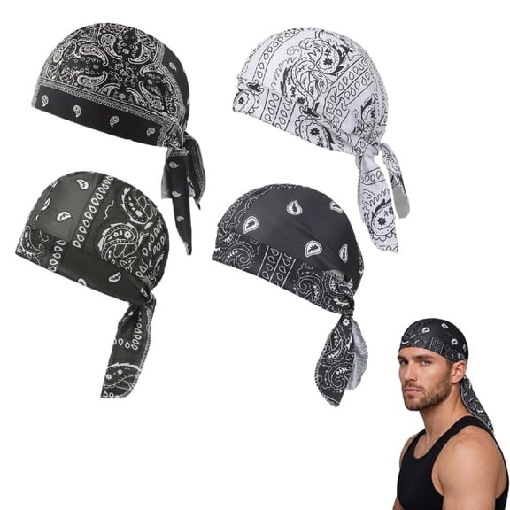 4Pack Paisley Cooling Headscarf Cap Set Bandana Beanie, Breathable, Adjustable Straps (Multicolor)