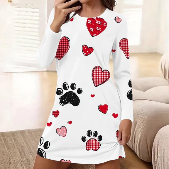 Sakmal Long Sleeve Moomoo Nightgownss for Women Love Valentines Lightweight Night dress Knee Length Heart Print Nightgowns for Women L
