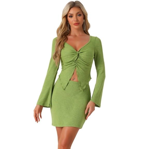 DARING DIVA Women's Knitted 2 Pieces Outfits V Neck Top and Skirt Sets XS Green