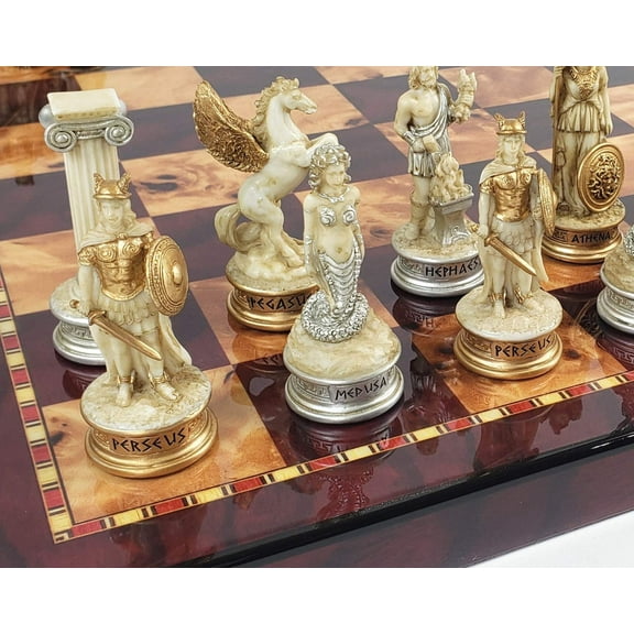 Greek Mythology Olympus Gods Chess Set Antique White W/ 18" Cherry Color Board