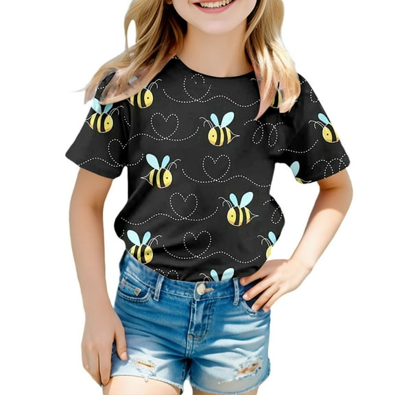 WhouRiu Toddler Girls' T Shirts Short Sleeve Bee Printed Tee Clothes Child Summer Casual Comfy Tops Black,Sizes 3-4