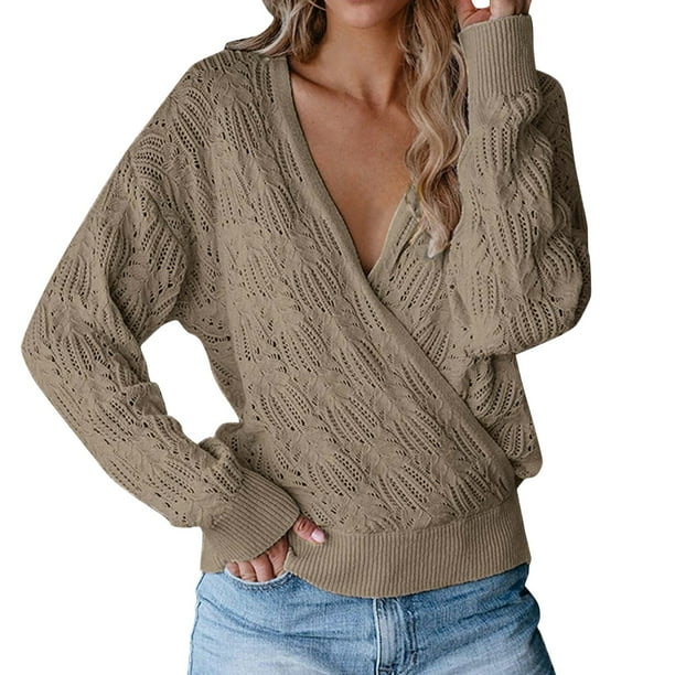 Gibobby Suéter de invierno para mujer Suéter de mujer, de punto acanalado, manga larga, Color sólido, ahuecado, escote en V, ajustado, ropa de otoño(Caqui,XG)