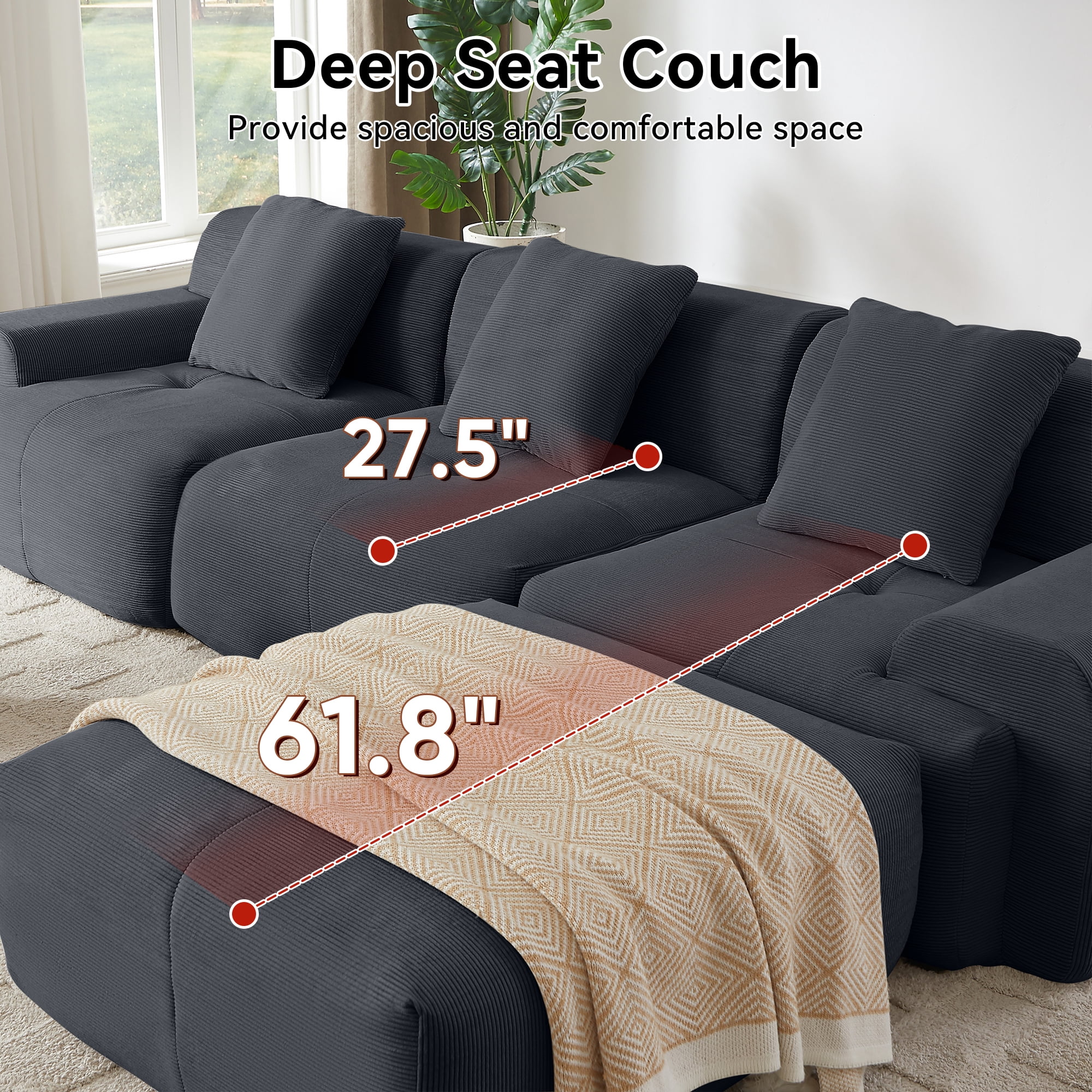 Muumblus 113" L-Shaped Modular Sectional Sofa, Oversized Corduroy Cloud Couch for Living Room, Dark Gray