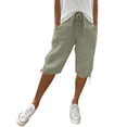 thumbnail image 2 of Bermuda Shorts for Women Knee Length Drawstring Elastic Waist Linen Shorts Casual Summer Pedal Pushers with Pockets Army Green 2XL, 2 of 7