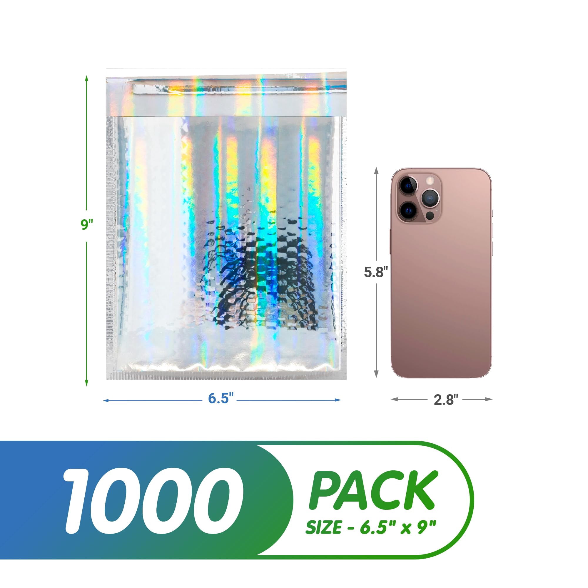 Glamour Hologram Metallic Bubble Mailers, 1000 pack Padded Envelopes, 6.5 x 9 in