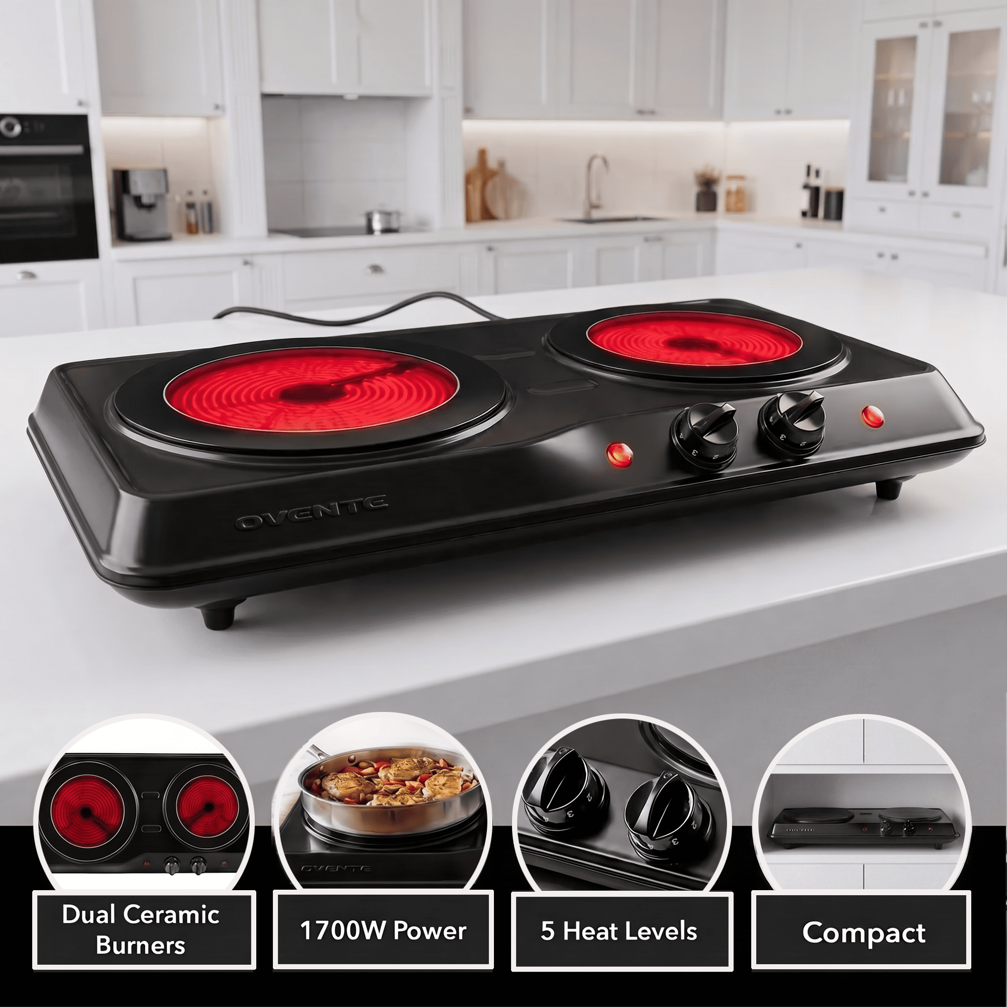 OVENTE Electric Infrared Double Burner, 1700W Hot Plate, Black BGI102B | Portable Stove with 7.75" and 6.75" Ceramic Glass Cooktop, 5 Level Temperature Setting and Easy to Clean Base