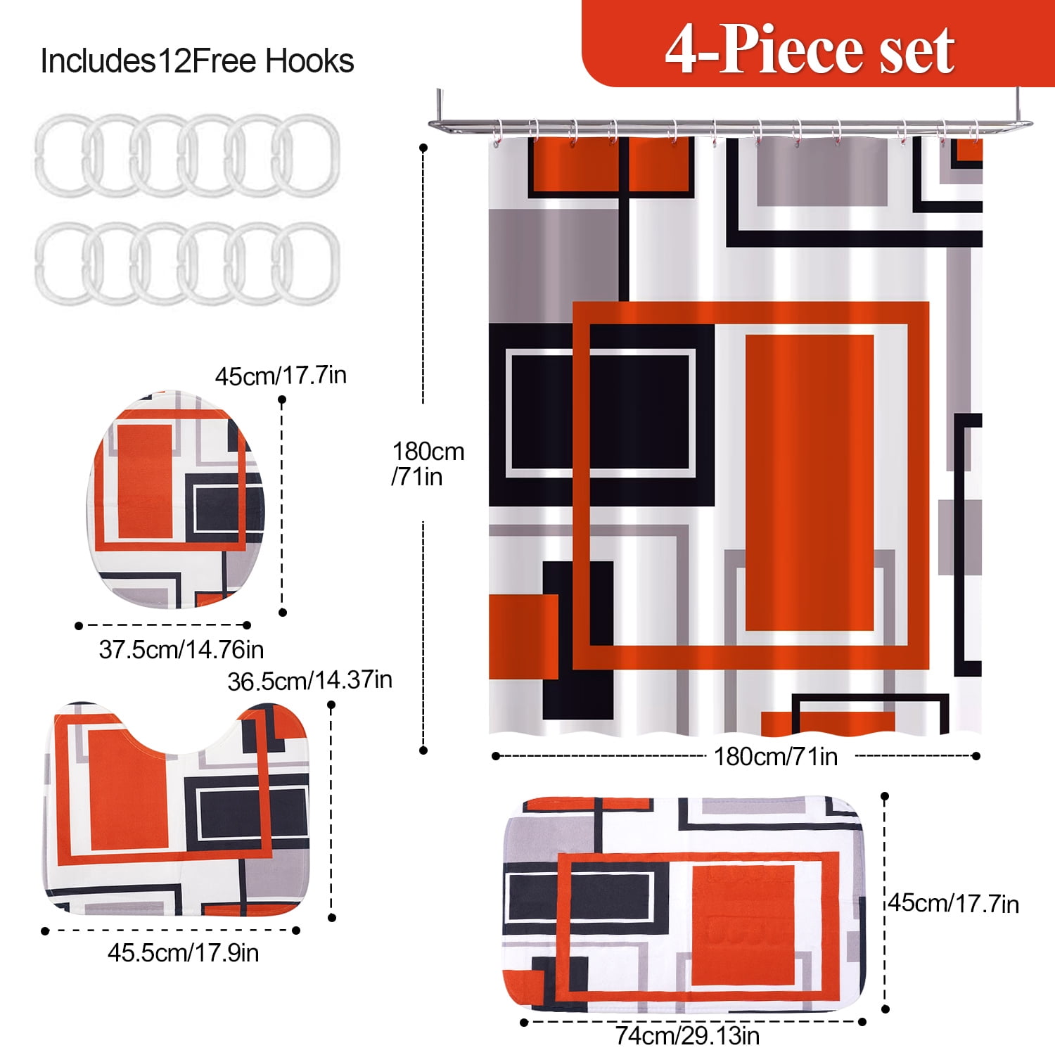 Vorfor Orange Geometric Shower Curtain Sets with Rugs, 16 Pc Modern Abstract Bathroom Sets, Waterproof Fabric Bathroom Curtain Decor with Hooks