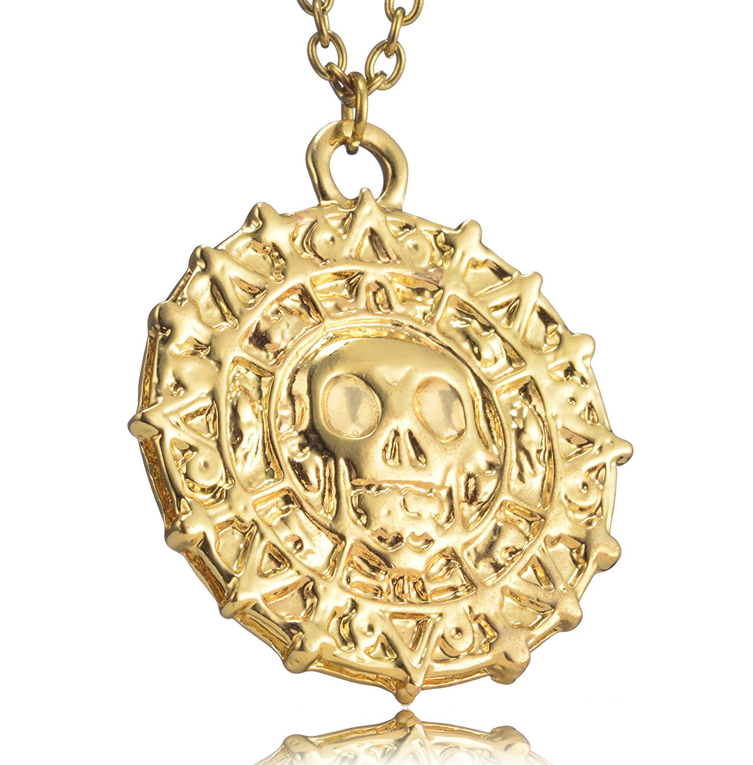 Caribbean Aztec Pirates Coin Medallion Charm Fancy Dress Necklace Gold Ruby 60cm 