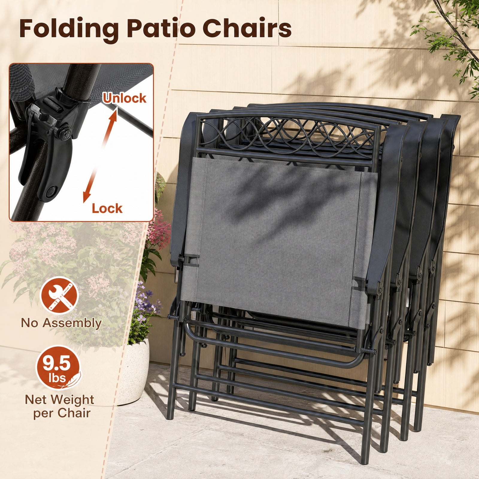 Furnibear Patio Folding Dining Chairs Set of 4 with Armrests and Padded Fabric Seat for Outdoor and Indoor Kitchen Dining, Gray