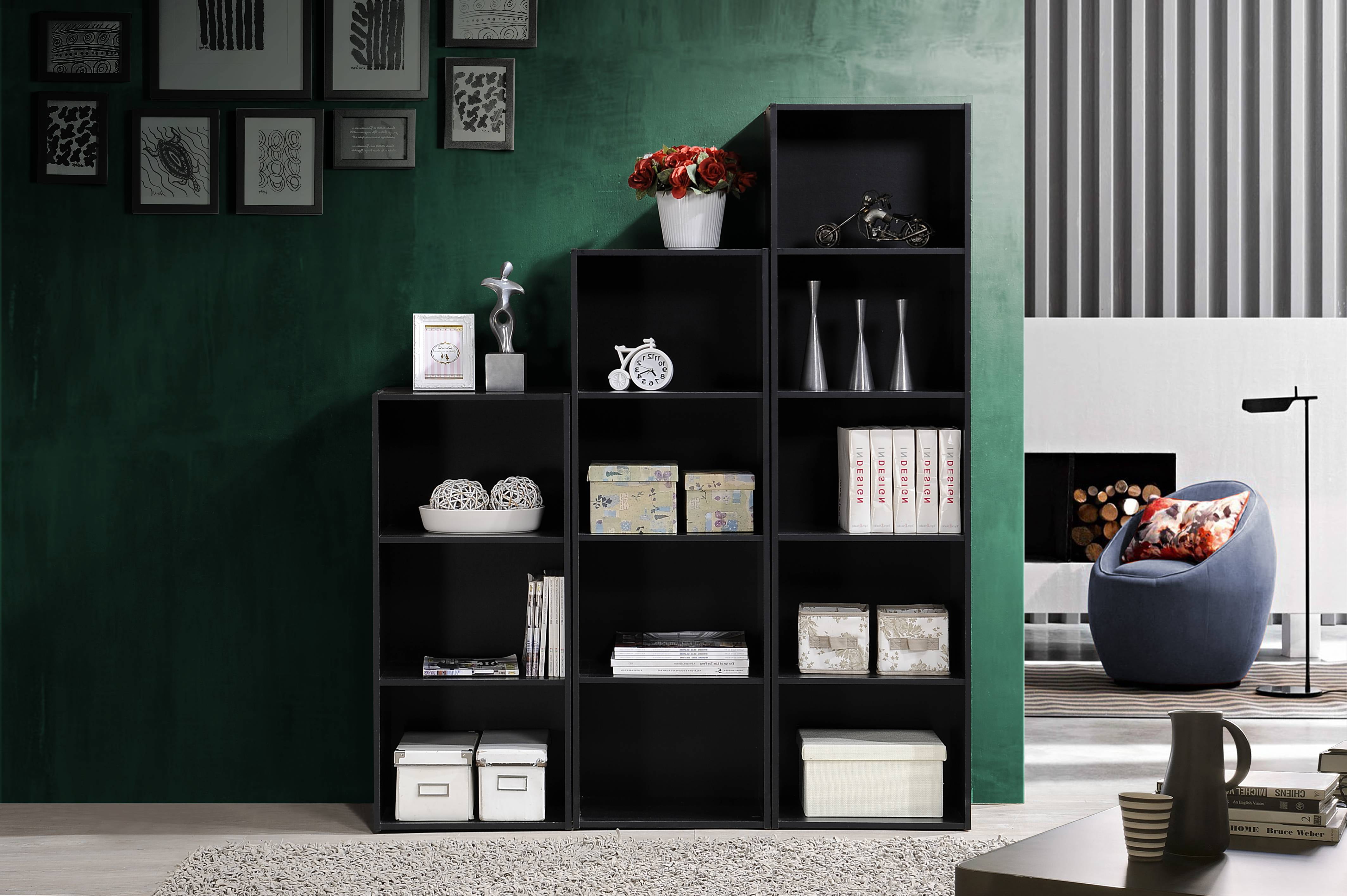 Hodedah 3-Shelf Bookcase in Black