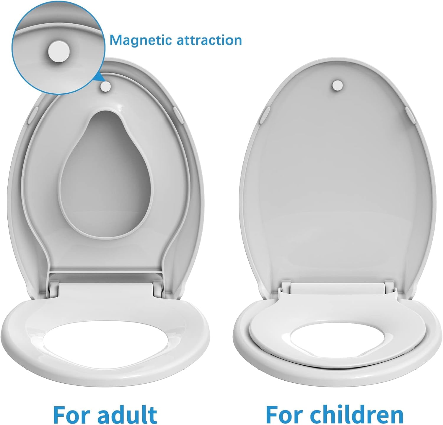 19" Elongated Toilet Seat with Built-In Potty Training Seat, Soft Quiet-Close Lid with Non-Slip Design, Magnetic Kids Seat in White, Easy to Install and Clean