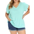 thumbnail image 4 of GRACE & GRANDEUR Women's Plus Size Easter Summer T Shirts Solid Basic V Neck Tulip Sleeve Loose Casual Blouses Tops 1X Mint Green, 4 of 6