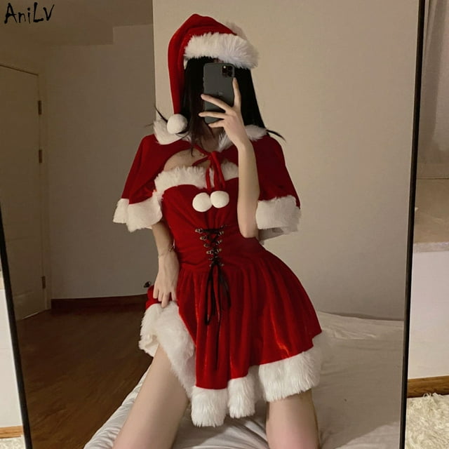 QueenLine Cosplay de Noël Mrs Santa Claus Lingerie Series Cape d'Orignal Corde Pyjama Aguichant Robe Rouge (19, Grenouillère)