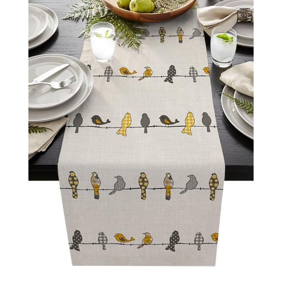Table Runner Rowley Birds Floral Pattern Table Decoration for Kitchen Dinning Buffalo Check Plaid Yellow Gray Table Decoration for Indoor Outdoor Party Wedding Decor 13x90 Inch