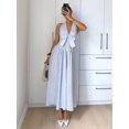 thumbnail image 3 of Blue And White Vertical Striped Deep V-Neck Halter Bow Front Smocked Waist Flowy A-Line Maxi Dress, 3 of 7