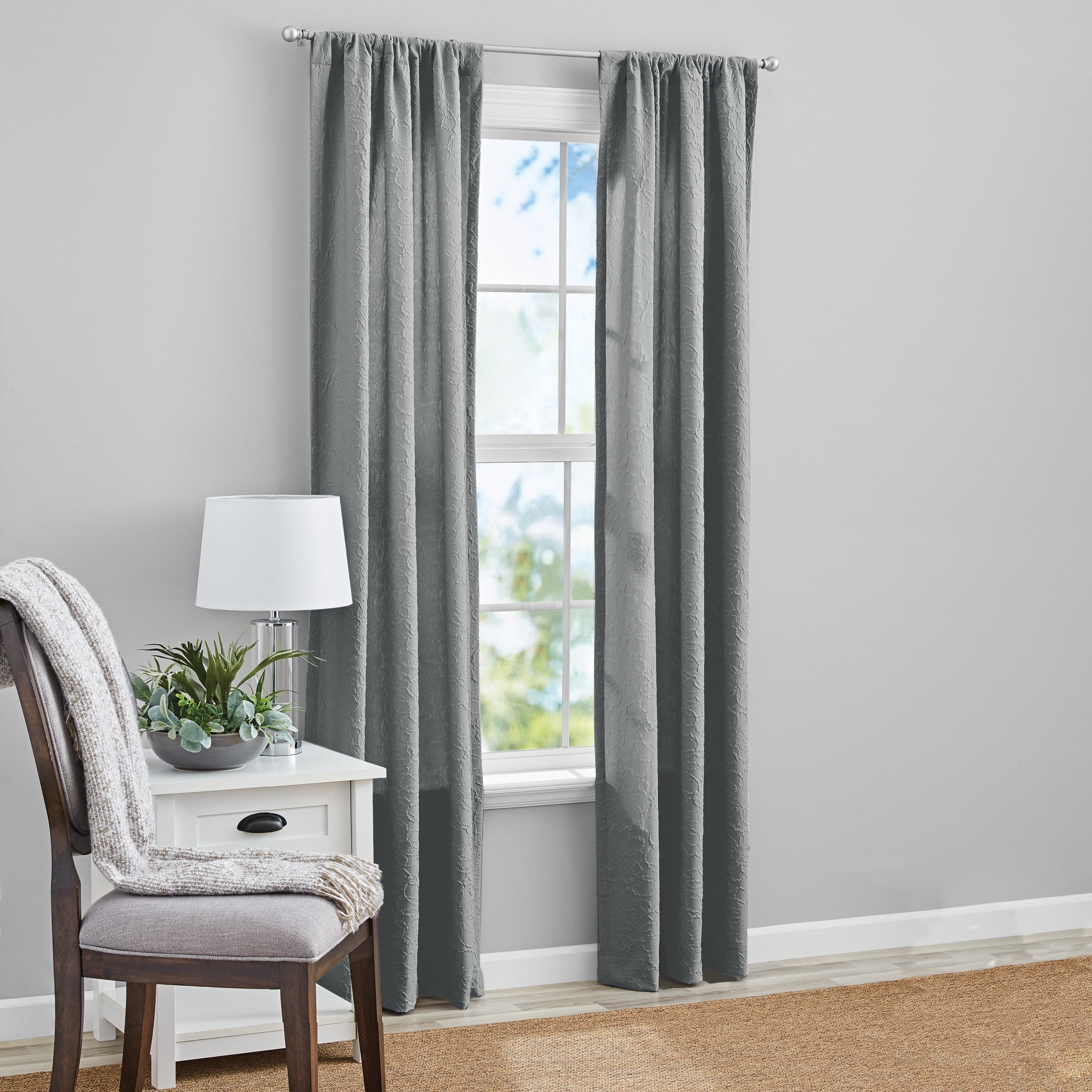 (2 pack) Mainstays Microsculpt Floral Rod Pocket Curtain Panels, Set of 2, Grey Flannel, 37" W x 84" L