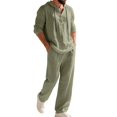thumbnail image 3 of Men's Linen Blend 2 Piece Outfit Hooded Henley Shirt Drawstring Wide Leg Pants Set Green S, 3 of 10