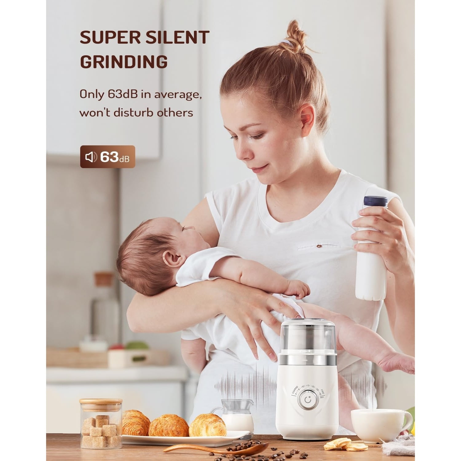 Electric Super Silent Blade Coffee Grinder, Timed Grind Control Rotary Knob, Adjustable Coarse to Fine for Coffee Beans, Spices & Herbs, with 1 Removable Stainless Steel Bowl, Cream