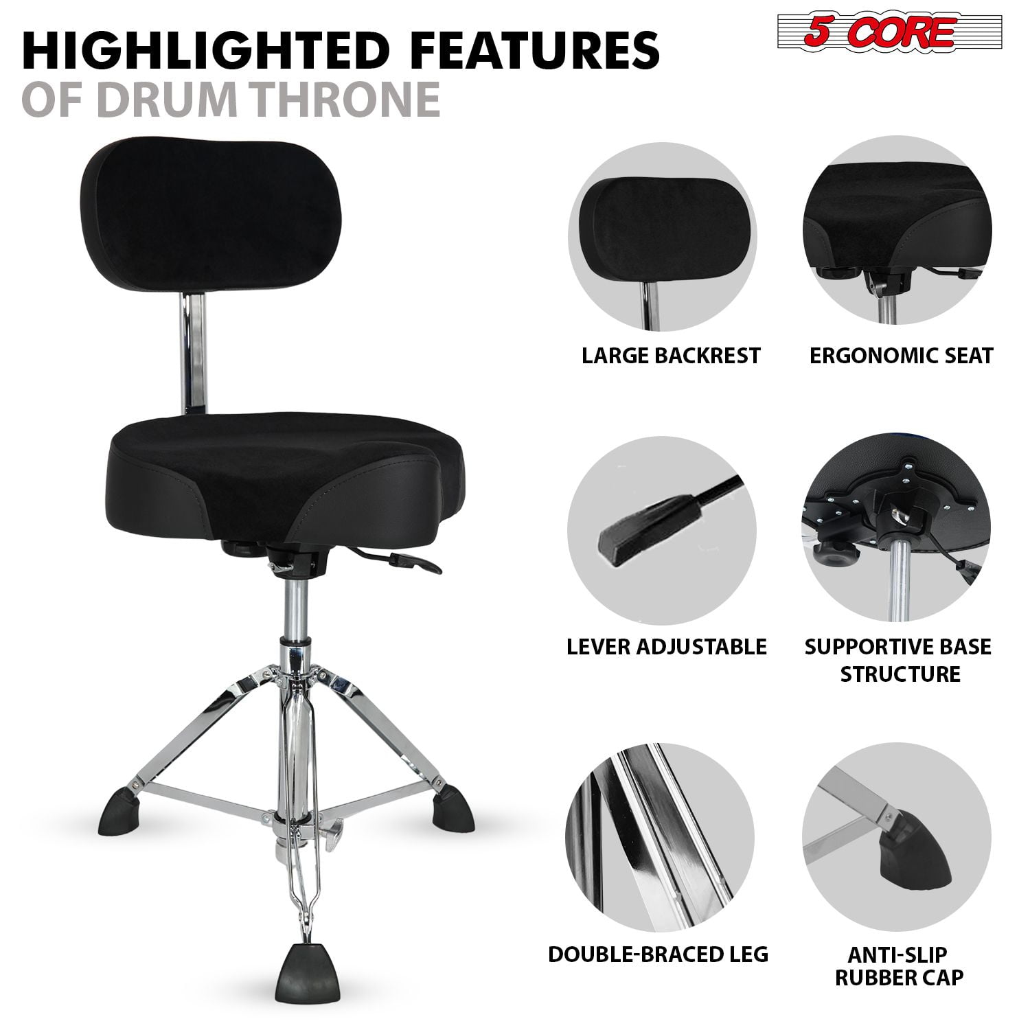 Drum Throne with Backrest, 4" Padded Stool with Airlift Adjustment 19"-25", 441Lb Capacity Heavy-Duty Drum Stool for Drummers, Double-Braced Steel Base