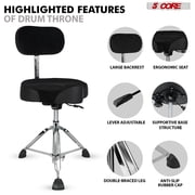 Drum Throne with Backrest, 4 Padded Stool with Airlift Adjustment 19-25, 441Lb Capacity Heavy-Duty Drum Stool for Drummers, Double-Braced Steel Base
