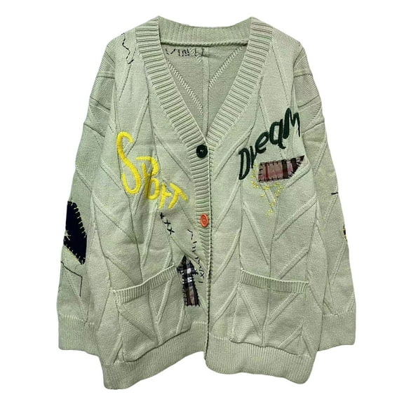 Wang6 Womens Cardigan Sweaters Plus Size Fall Winter Soft Long Sleeve Knits Trendy Open Front Button Loose Letter Printed Knitted Outwear Coats with Pocket X_Green XS