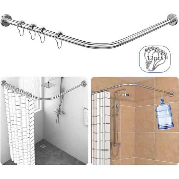 L Shaped Corner Shower Curtain Rod, 304 Stainless Steel Bathroom Bathtub Stall Rod with Hooks, Adjustable Shower Rod(29.5"-37.4" x 35.4"-51.2")