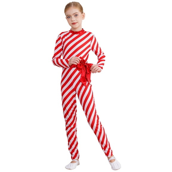 TiaoBug Girls Christmas Candy Cane Striped Jumpsuit Full Body Long Sleeve Shiny Bowknot Bodysuit Dance Unitard Red 14