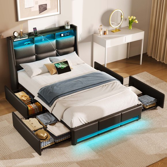 Greenstell Twin LED Storage Bed Frame - Charging Station, App Control, 900LBS Capacity, Black