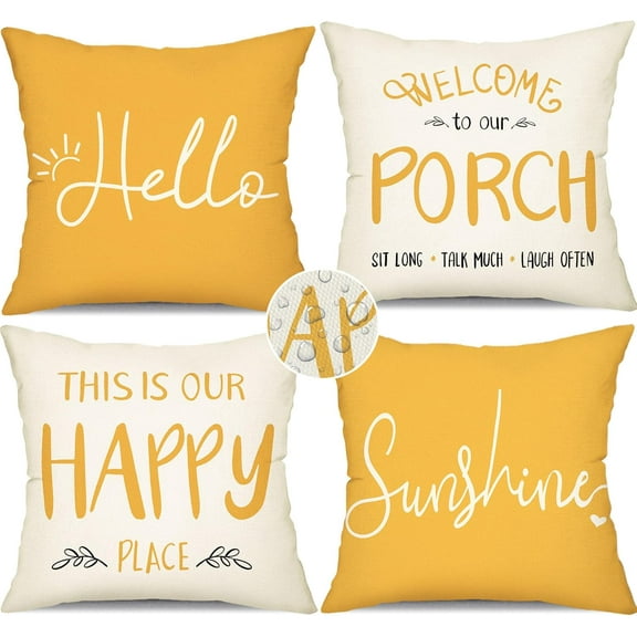Outdoor Pillow Covers 20x20 Inch Set of 4 Hello Sunshine Decorative Yellow Throw Pillows Outdoor Summer Waterproof Decor for Patio Funiture Garden Polyester Cushion Covers 013D