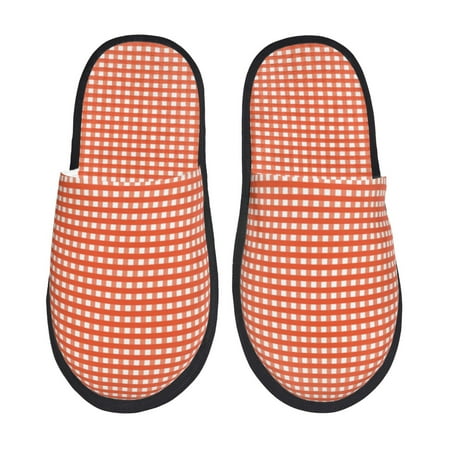 Balery Orange Gingham Slient Indoor Furry Fleece Comfort House Shoes Soft Non-Slip Home Shoes Cotton slippers House Slippers-- Medium
