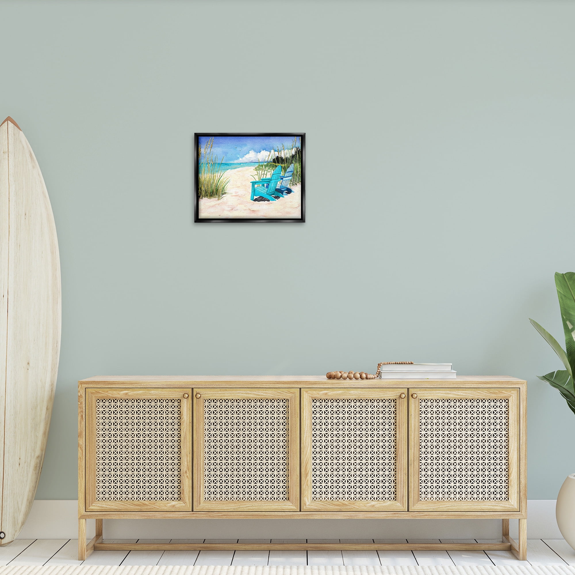 Stupell Industries Blue Beach Chairs Scene Landscape Painting Black Floater Framed Canvas Art Print Wall Art, 21 x 17