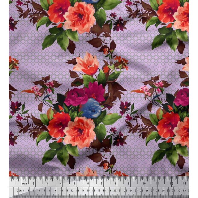 Soimoi Rayon Fabric Geometric,Leaves & Peony Floral Printed Craft Fabric by The Yard 56 Inch Wide