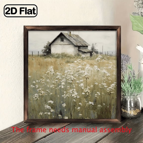 2D Flat, 1pc Rustic Farmhouse Wildflower Art Wooden Framed Retro Landscape Wall Decor, Perfect for Living Room, Bathroom, or Kitchen Ideal Gift for Holidays Special Occasions, Decorative Sign.