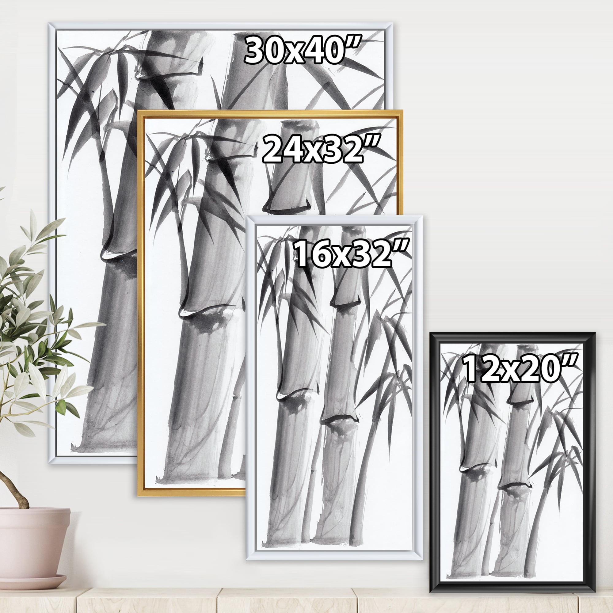 Designart 'Vintage Black and White Bamboo IV' Traditional Framed Canvas Wall Art Print