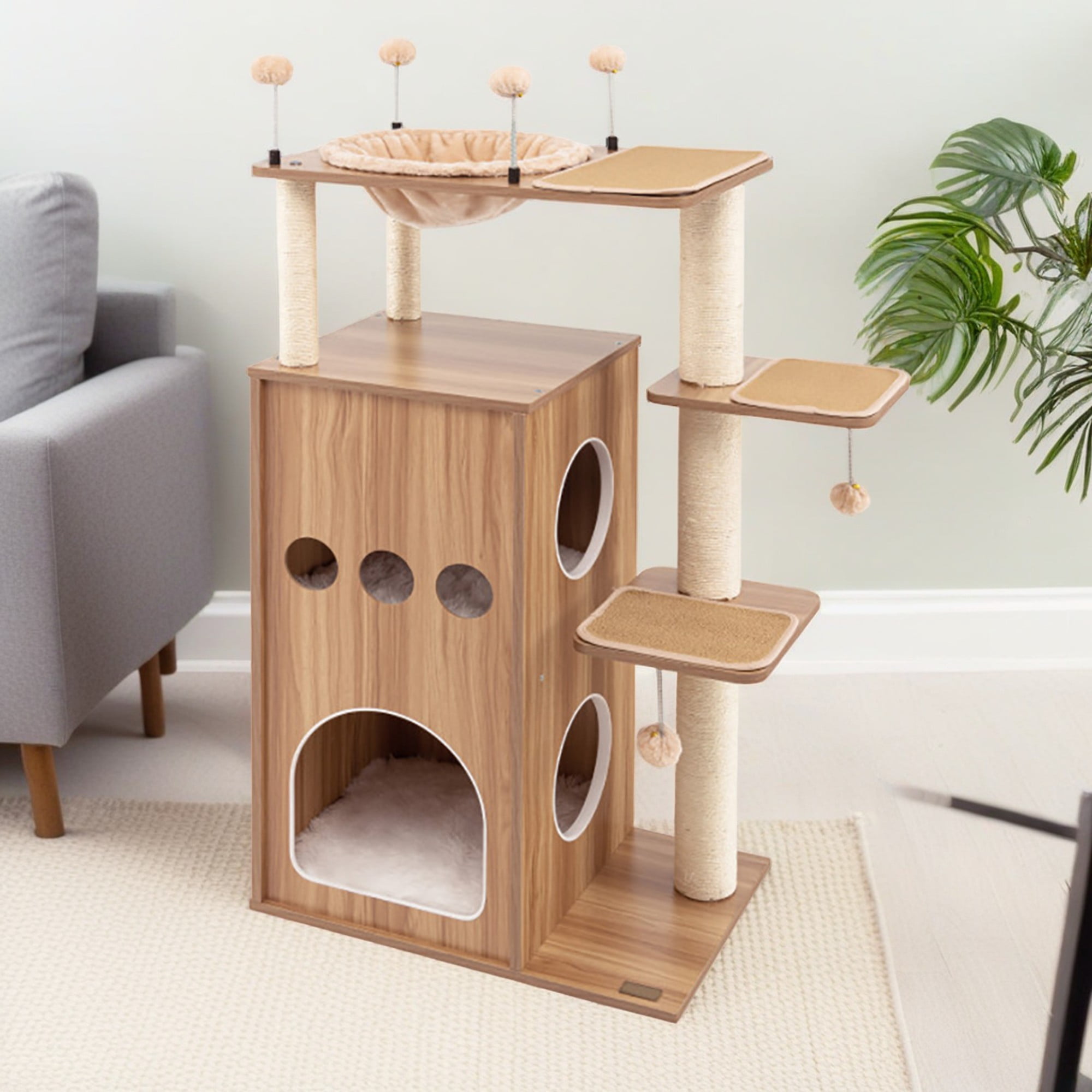 Kadyn 52" Cat Tree Tower with Wood 2 Level Cat Condos, Large Perch and Totally Wrapped Sisal Posts, Modern Cat Tree House, Beige