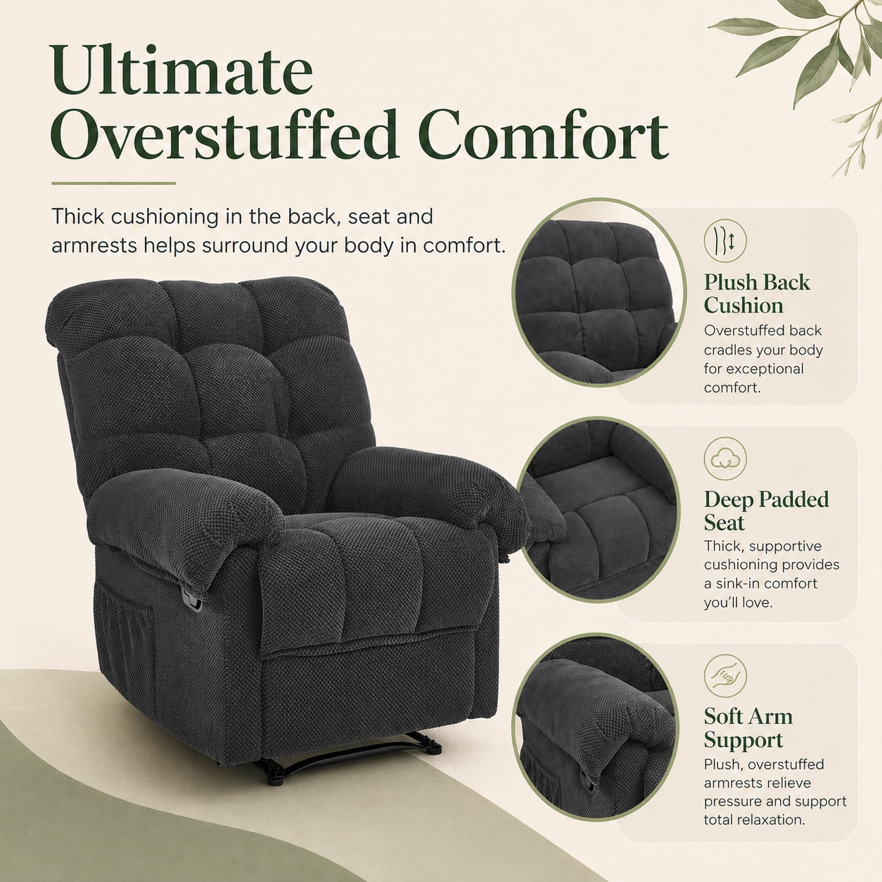 Miniyam Overstuffed Recliner Chair with Plush Armrests, Adjustable Ergonomic Recliner, 105° to 165° Reclining, Gray