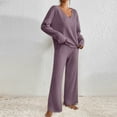 thumbnail image 2 of Baqcunre Women's Pajama Sets Long Sleeve 2 Piece Lounge Sets Ribbed Knit Sweater Sleepwear V Neck Tops & Wide Leg Pants Homewear, 1Pc Top + 1Pc Trousers Purple2 M, 2 of 9