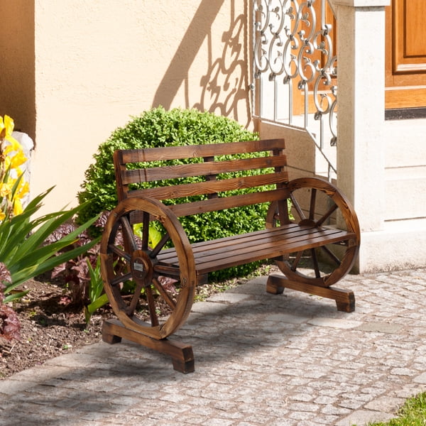 Alvantor Rustic 2-Person Wooden Wagon Wheel Outdoor Bench, Solid Fir Wood, Dark Brown